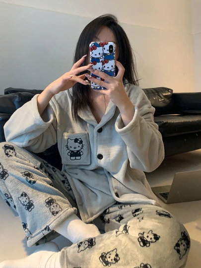 KT Cat 2024 new coral velvet pajamas for women in autumn and winter flannel high-quality plus velvet thickening warm and cute