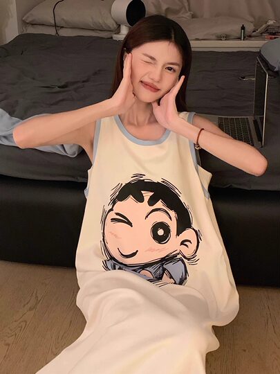 Crayon Shin-chan 2025 New Pajamas with Breast Pads Women’s Summer Vest Cute Cartoon Nightgown Summer Home Clothes Thin
