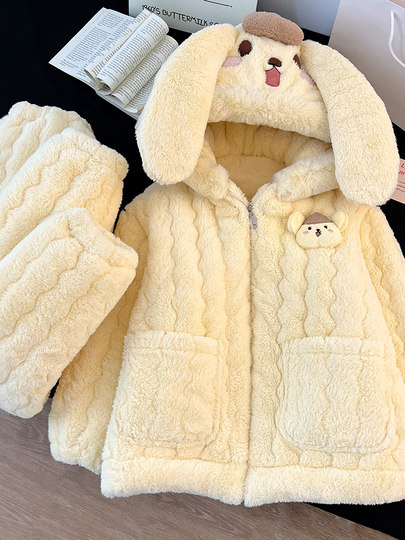 Coral Velvet 2026 New Style Pajamas for Women, Autumn and Winter, Warm, Fleece-Lined, Thickened, Three-Layer Quilted, Can Be Worn Outside, Loungewear