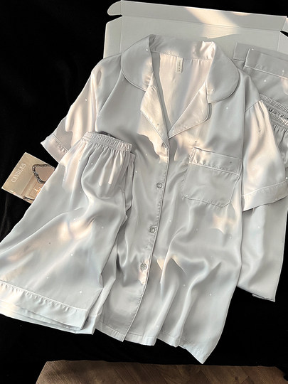 2025 new ice silk pajamas for women summer high-end silver gray star short-sleeved home clothes summer three-piece suit thin