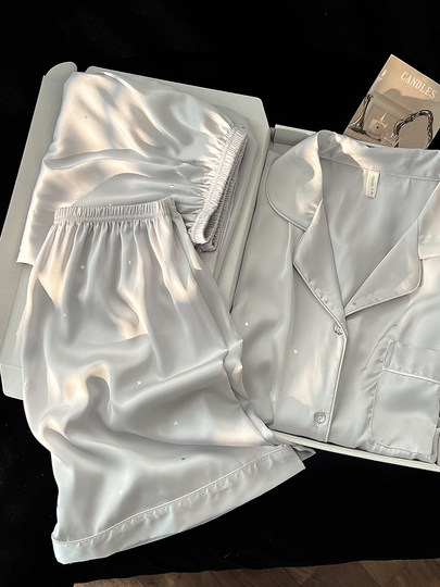 2025 new ice silk pajamas for women summer high-end silver gray star short-sleeved home clothes summer three-piece suit thin