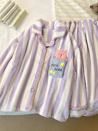 2024 New Ruby Coral Fleece Pajamas Women's Autumn and Winter Warm Long-Sleeved Flannel Plus Velvet Thickened Home Clothes