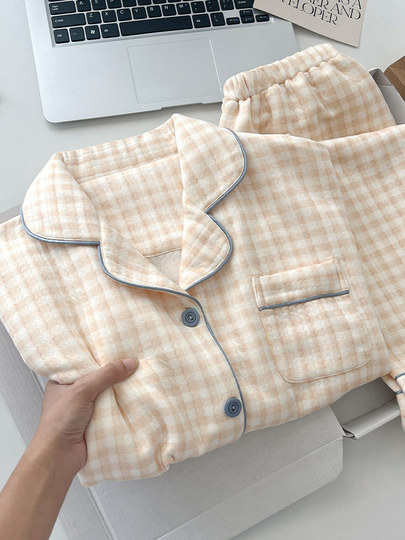 2025 New Yellow Plaid Air Cotton Pajamas Women's Autumn and Winter Warm Sandwich Cotton Sweet Large Size Home Clothes