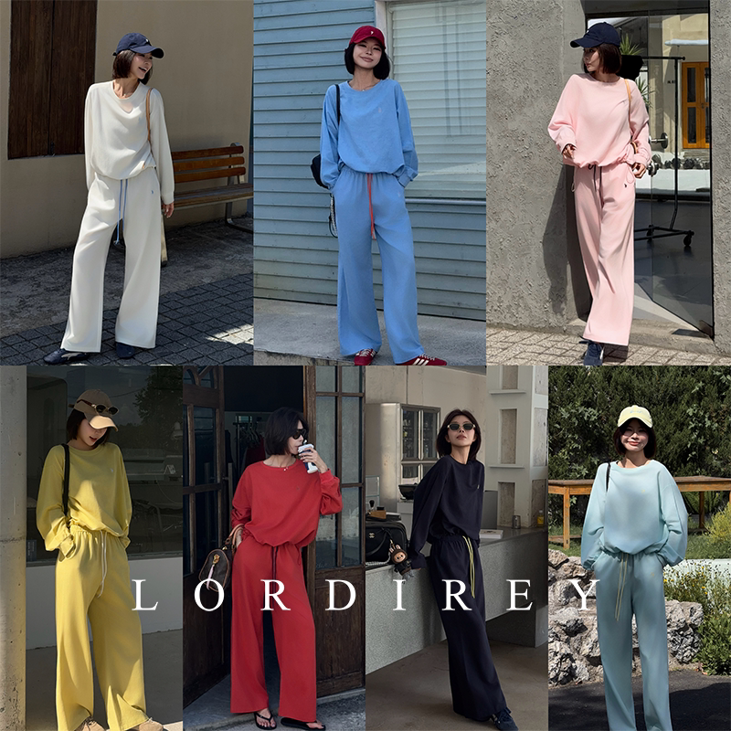 Lordirey/【Symphony of Colors】Casual Two-Piece Set for Women with a Round Neck Top and Wide-Leg Pants with a Draping Effect
