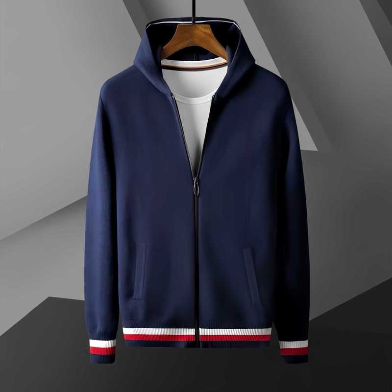 Spring and Autumn New Solid Color Hooded Long-Sleeve Knit Sweater for Men, Fashionable Versatile Trendy Cardigan Sweatshirt Jacket