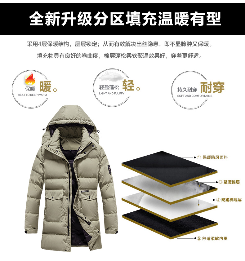 雅鹿 男士加厚中长款 连帽棉服 图5