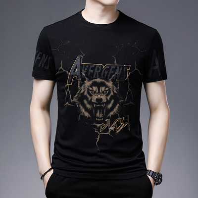 维士比夏季男短袖t恤丝光棉印花半袖圆领中年时尚百搭上衣