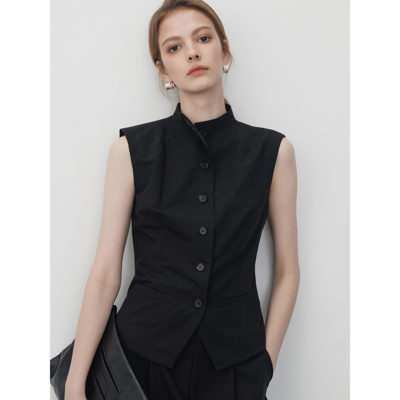 Chicjre/Vintage Black Stand Collar Vest for Women 2026 Summer Slimming Lyocell Old Money Sleeveless Top