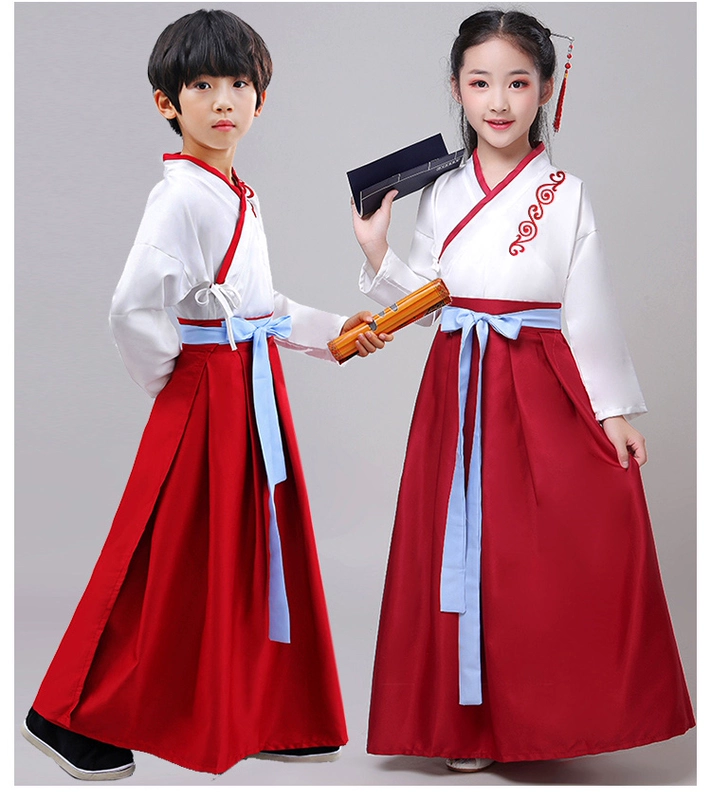 Trang phục trẻ em Hanfu đồng phục học sinh Trung Quốc trang phục cậu bé bookboy trang phục biểu diễn ba nhân vật nam và nữ lễ tiểu học - Trang phục