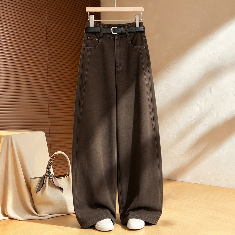 Melard Coffee-Colored Curved Hem Jeans for Women 2026 New Autumn Vintage Loose Slimming Pants High-Waisted Straight-Leg Pants