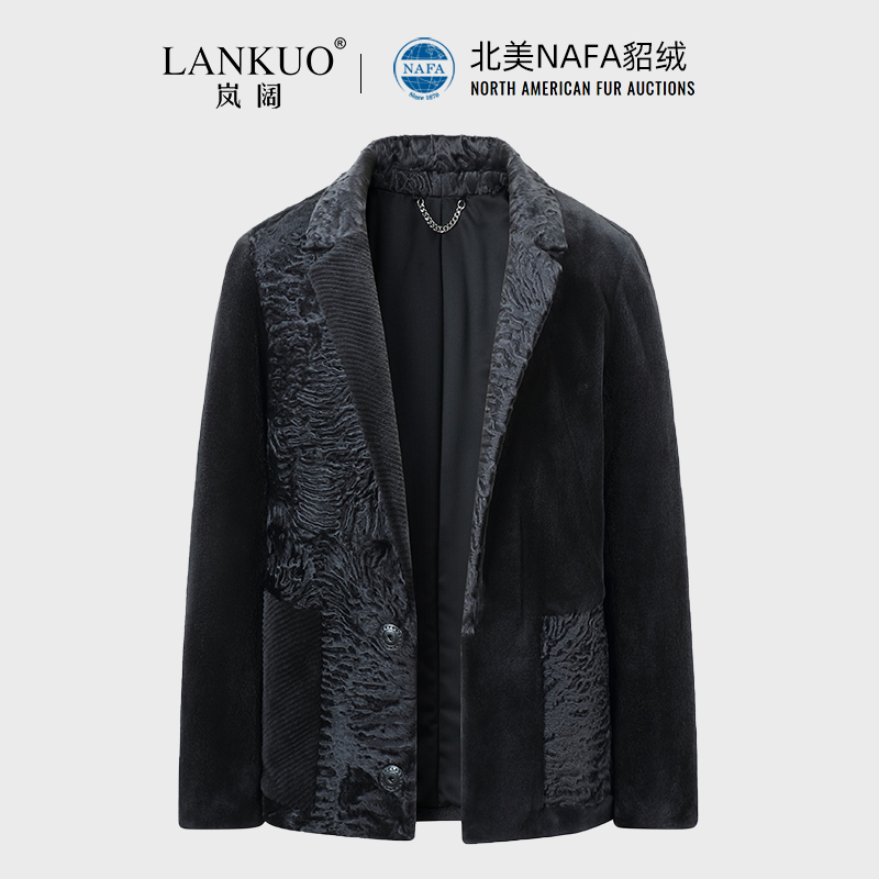 Lankuo Haute Couture Designer Nafa Mink Fur Jacket for Men, Swakara Lamb Wool Patchwork Mink Fur Winter Coat