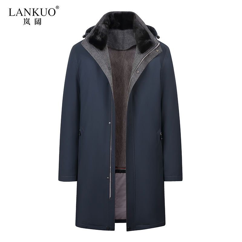 Lankuo Thickened Winter Long Parka Coat for Men with Mink Fur Lining, Imported Whole Mink Fur Parka Windbreaker