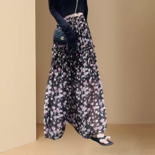 Летняя шифоновая элитная осенняя длинная юбка, А-силуэт, в западном стиле, цветочный принт