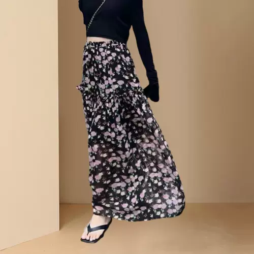 Летняя шифоновая элитная осенняя длинная юбка, А-силуэт, в западном стиле, цветочный принт