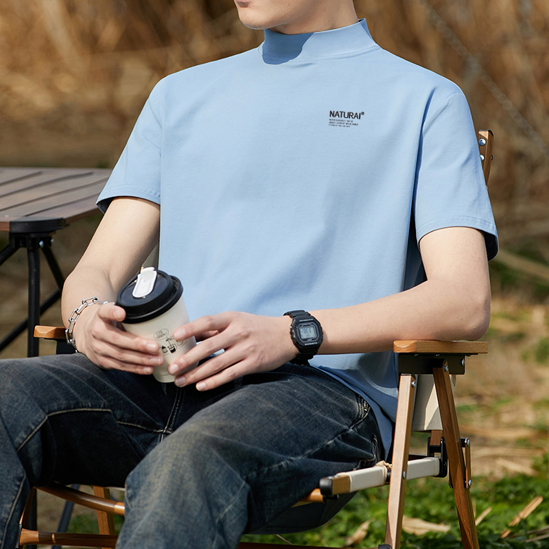 Pure Cotton Half Turtleneck Short-Sleeved T-Shirt Men's Summer New Slim Printed Mid-Collar Thin Bottoming Shirt Half-Sleeved T-Shirt