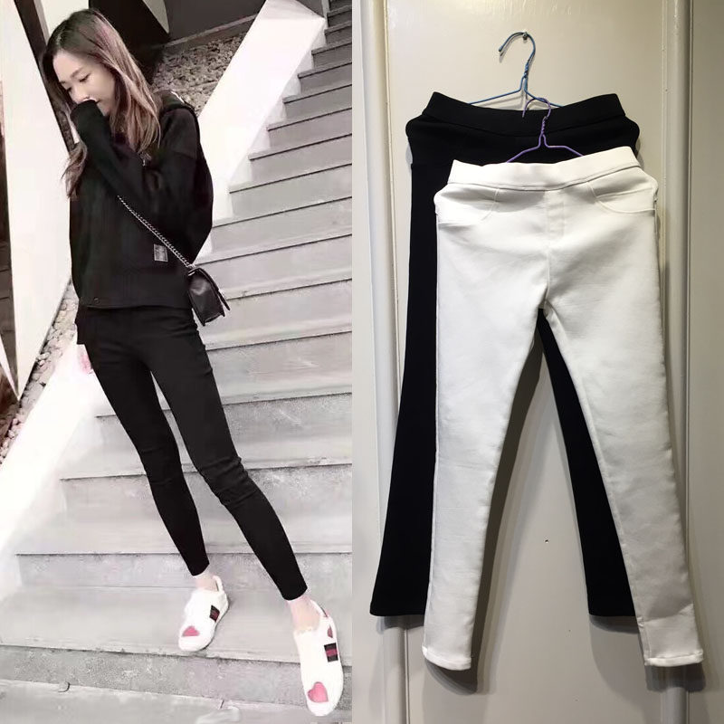 South Korea 2019 autumn and winter magic pants pencil pants high waist elastic pants plus velvet thickened leggings women's outer wear small feet pants