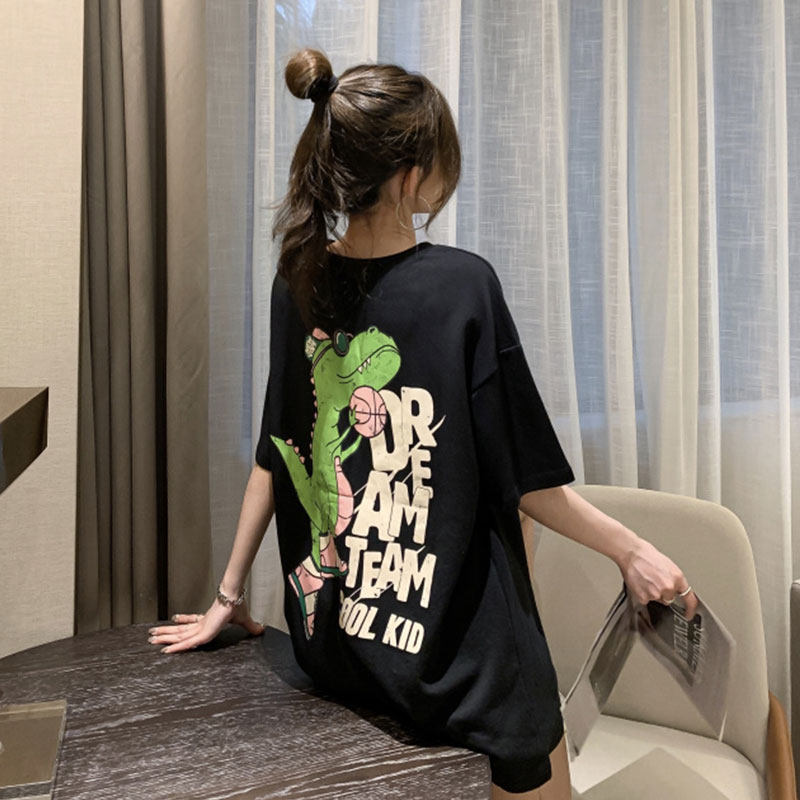 Korean summer Hong Kong flavor mid-length dinosaur t-shirt loose couple wear short-sleeved men's and women's pure cotton cartoon print top