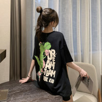 Korean summer Hong Kong style mid-length dinosaur t-shirt loose couple wear short-sleeved mens and womens pure cotton cartoon print top
