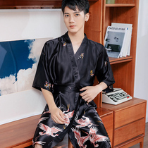 Nightgown mens summer thin ice silk mens bathrobe One-piece spring and autumn long large size fat loose silk mens pajamas