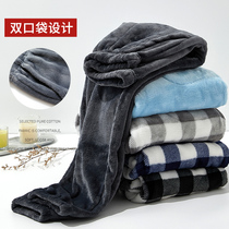 Pajamas mens autumn and winter thickened warm plaid warm pants extended flannel winter can wear coral velvet home pants