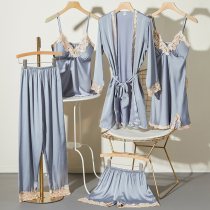 Pajamas womens summer spring autumn and Winter ice silk five-piece suit Sexy suspender night dress nightgown thin section simulation silk home clothes