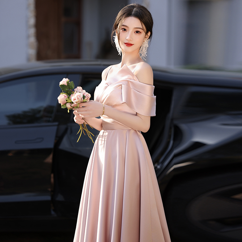 Bridesmaid Dress 2026 New Satin Sister Group Pink High-End Long Dress, Classy Light Dress That Can Be Worn Casually