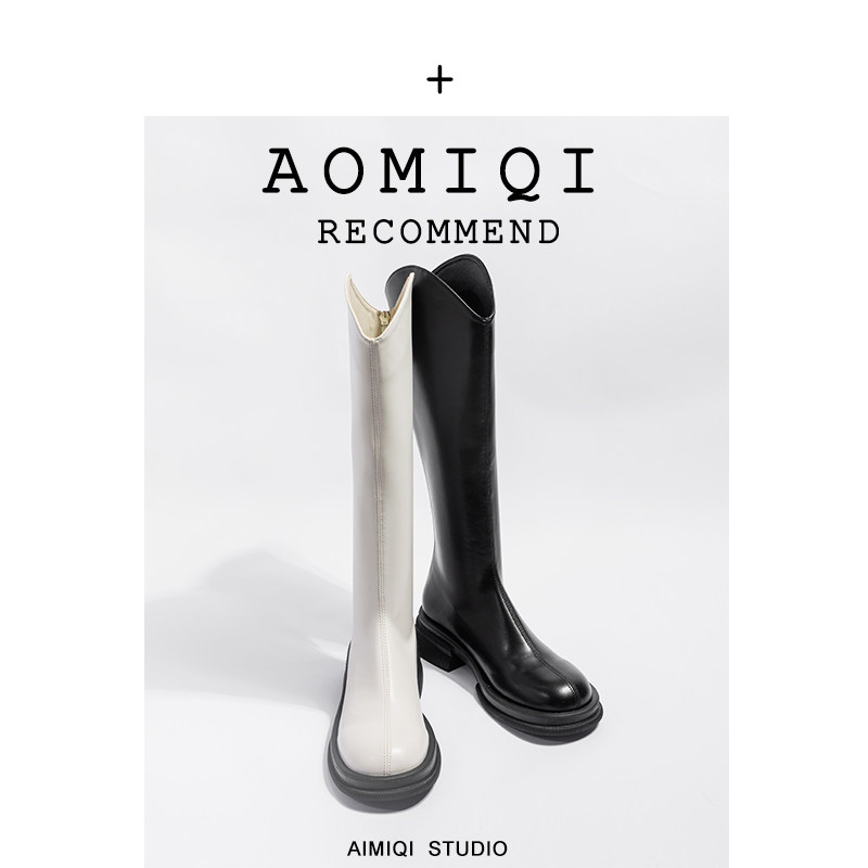 But knee boots women's boots women's 2023 new spring and autumn v-mouth round head white high boots thick-soled boots