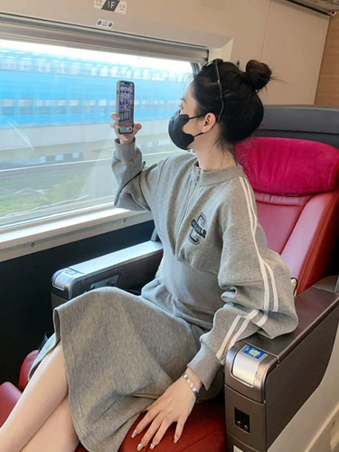 Осенняя толстовка, платье, модная юбка, приталенный длинный корсет, изысканный стиль, высокий воротник, средней длины, городской стиль