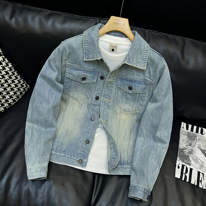 Light Blue Fashionable New Product, Cool and High-End Denim Jacket for Men, Versatile Lapel Korean Style Men's Denim Clothing