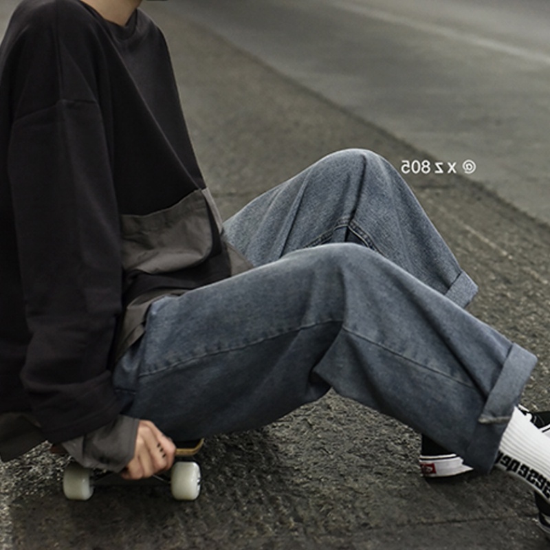 Fall loose straight cylinder 100 lap men's clothing jeans Han fashion streaming ins retro make old old daddy pants men's pants