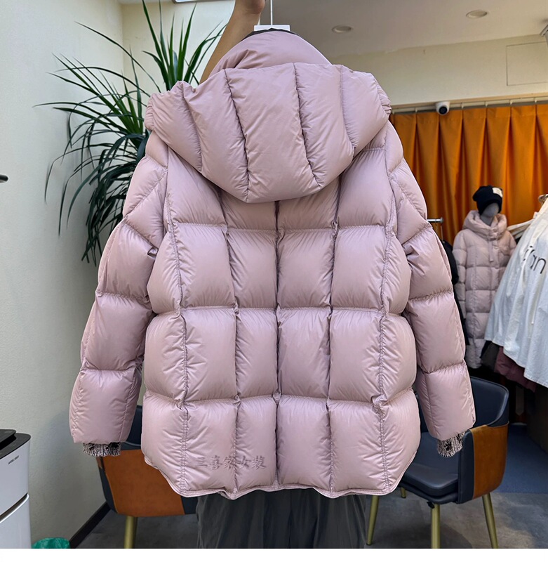 2/24 95% down Pink-Purple Color-Block Hooded Tofu Block Mid-Length Thickened 95% White Duck down Jacket