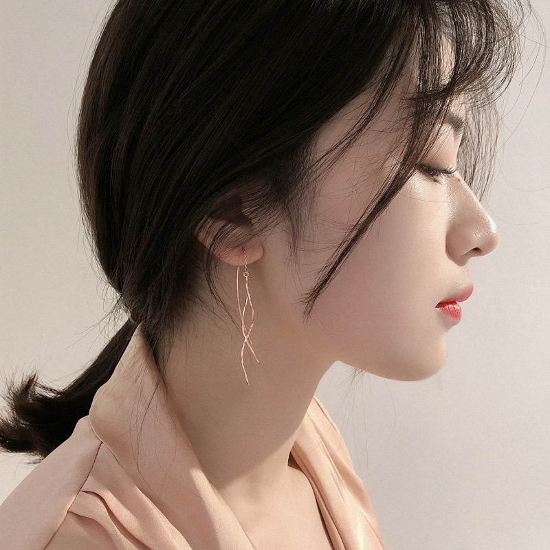 Pure Silver Double Arc Ear Necklace Flow Su Earrings With Slim Mesh Red Temperament Long Version Ear Pendant Suitable For Round Face Lukewarm Ear Pendant