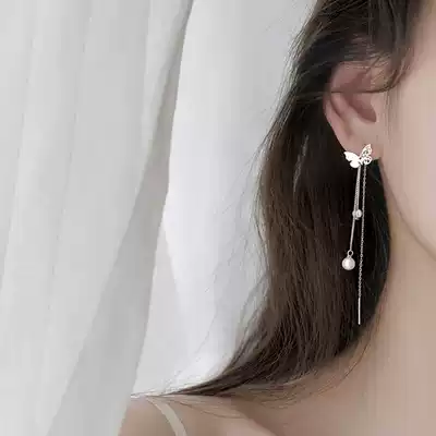 Sterling silver Super fairy butterfly ear refining temperament earrings long version of tassel earrings face thin pearl ear jewelry girlfriends gift girl