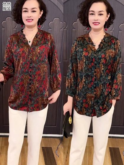 阔太太夏桑蚕丝上衣女中老年妈妈真丝提花衬衫奶奶衬衣套头衫薄款