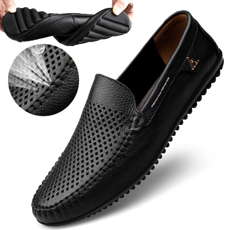 Casual leather shoes men's leather soft leather soft bottom beanie shoes summer hollow breathable men's shoes middle-aged and elderly dad sandals