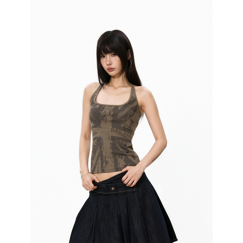 S3T5 Cross Rivet Design Camouflage Sleeveless Vest Women's Summer Hot Girl American Retro Slim Fit Top