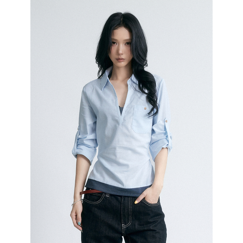 S3T5 Blue Linen Fake Two-Piece V-Neck Long-Sleeve Shirt Early Autumn Casual Design Waist-Slimming Pullover Shirt S3T5 Blue Linen Fake Two-Piece V-Neck Long-Sleeve Shirt Early Autumn Casual Design Waist-Slimming Pullover Shirt