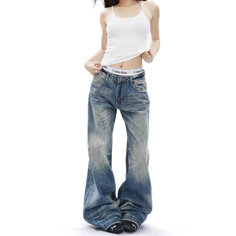 S3T5 American Retro Washed Blue Whiskered Low-Rise Jeans Unisex New Versatile Straight Loose Long Pants Trendy