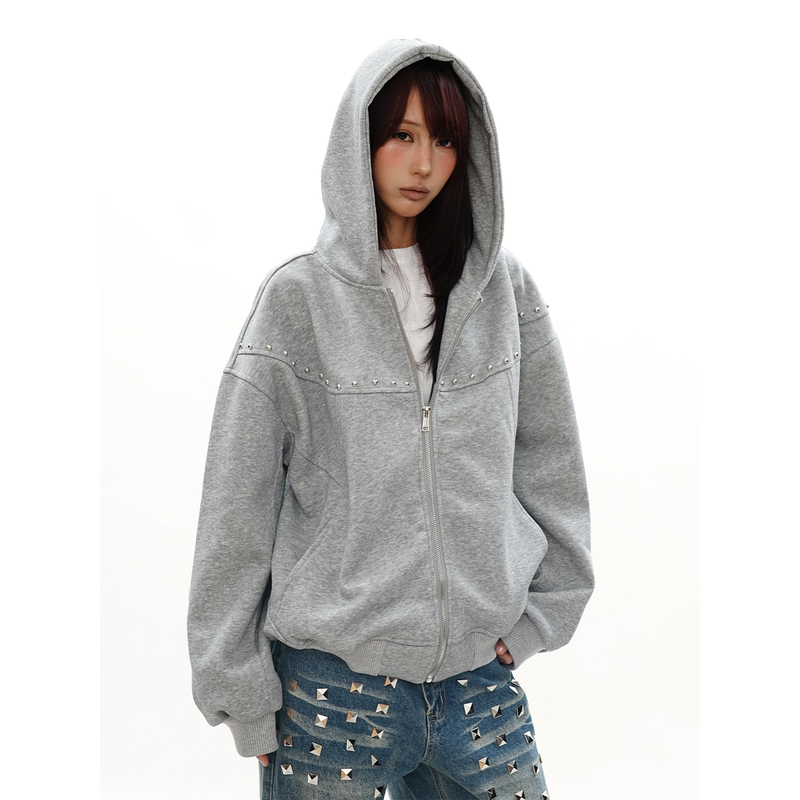S3T5 Heavyweight White and Gray Patchwork Studded Zipper Sweatshirt for Men and Women, Spring and Autumn American Style Design, Oversized Hooded Jacket S3T5 Heavyweight White and Gray Patchwork Studded Zipper Sweatshirt for Men and Women, Spring and Autumn American Style Design, Oversized Hooded Jacket