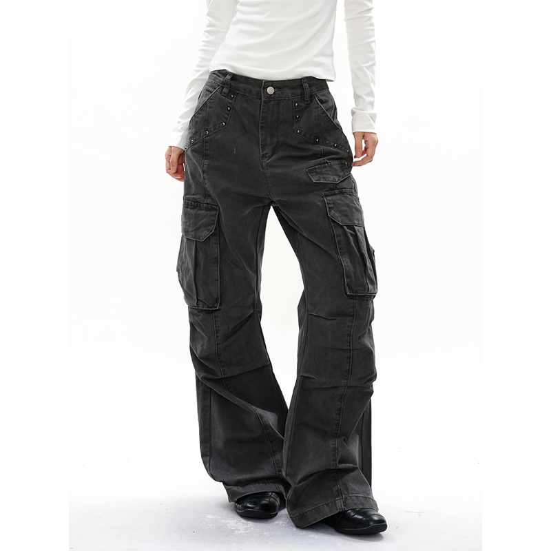 S3T5 All-Cotton Enzyme-Washed Heavy-Duty Vintage Rivet Pocket Wide-Leg Cargo Pants Casual Pants for Men and Women
