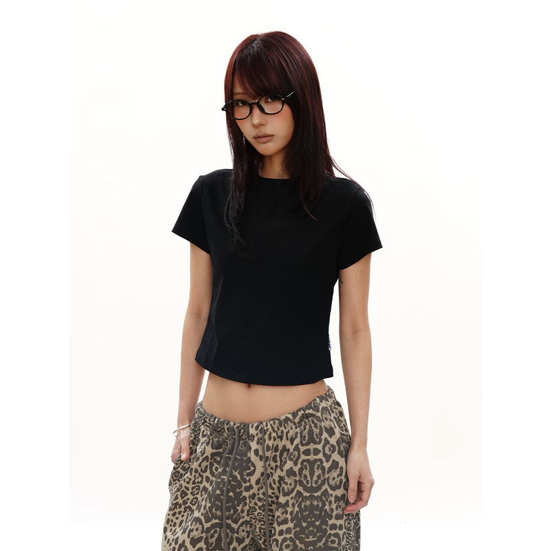 S3T5 Basic Solid Color Short Crop Top Short-Sleeve T-Shirt for Women, Spring and Summer American Style Slim Fit Versatile Round Neck Slimming Top