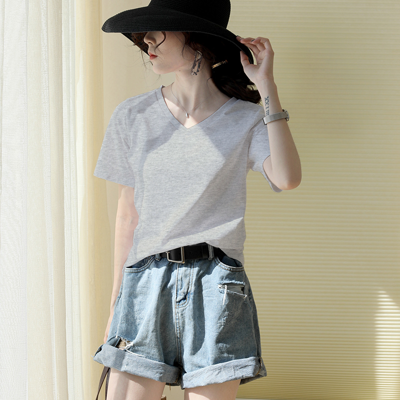 Summer loaded loose T-shirt female grey short sleeve minimalist casual internal hitch Han version swarm with slim half sleeve chic blouse