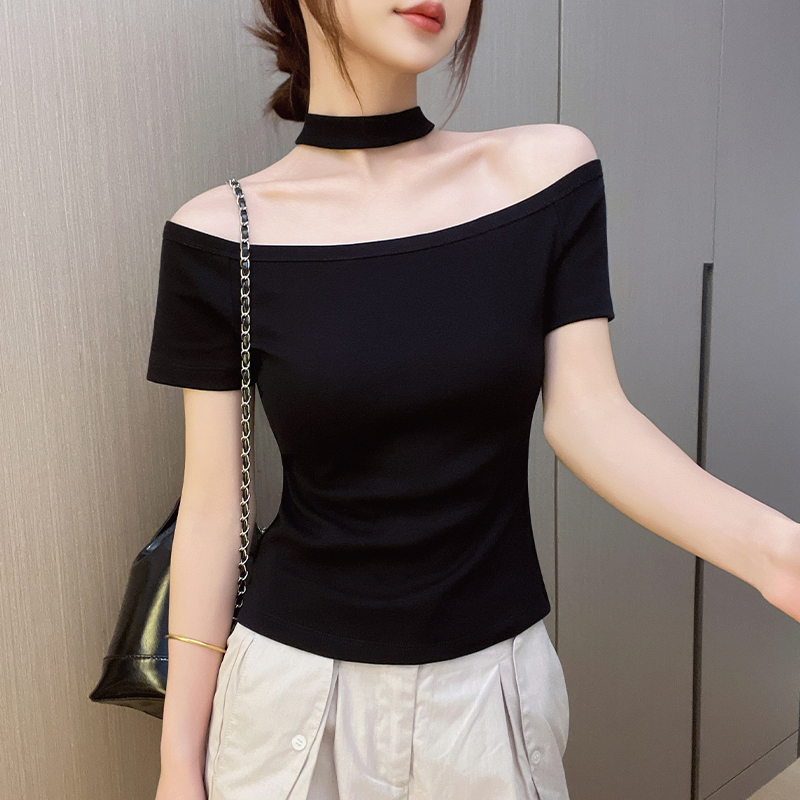 Solid Color Halter Neck Off-Shoulder Ribbed Short-Sleeve T-Shirt for Women, 2026 Summer New Design, Stylish Off-Shoulder Slim-Fit Top
