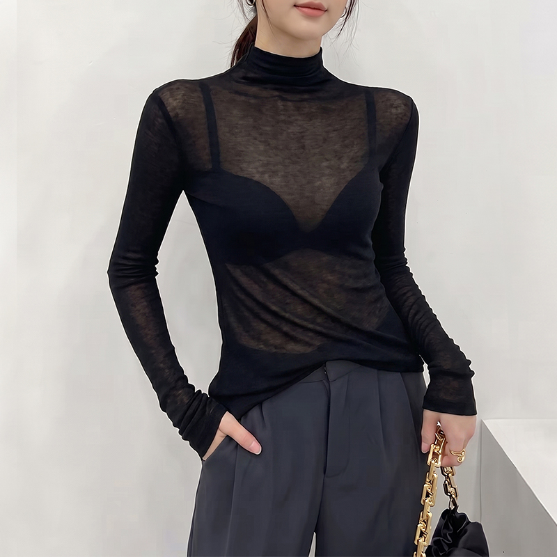 Half-High Collar Slightly Sheer Base Layer Shirt for Women, 2026 Spring and Autumn Mesh Thin Style, High-End Black Long-Sleeve T-Shirt Top Half-High Collar Slightly Sheer Base Layer Shirt for Women, 2026 Spring and Autumn Mesh Thin Style, High-End Black Long-Sleeve T-Shirt Top