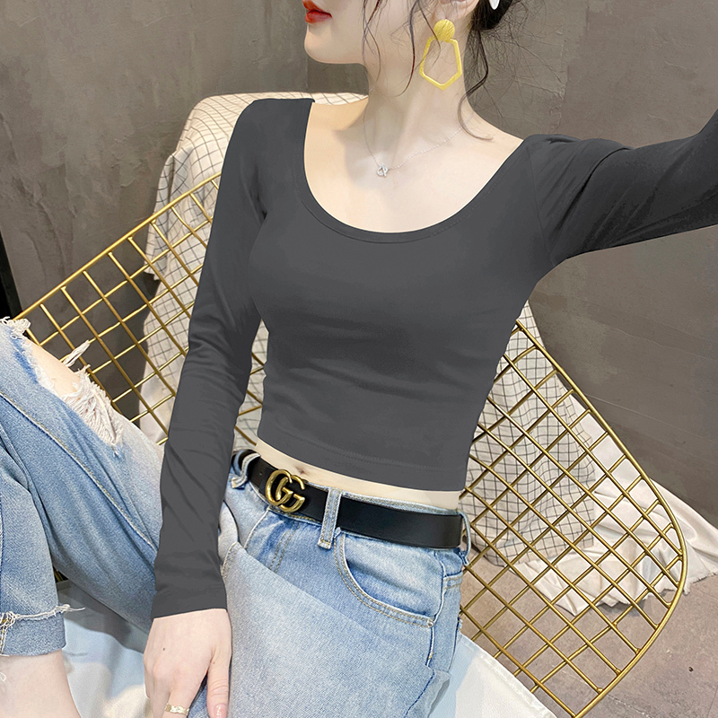 Smoke Gray Long-Sleeved T-Shirt for Women, Early Autumn New Style, High-Waisted, Backless, Inner Layering Shirt, Large Neckline, Slimming Short Top