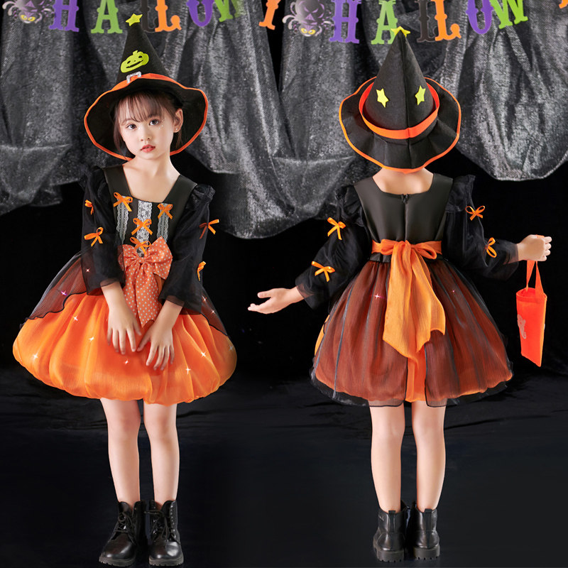 Halloween Children's Clothing Girl Princess Dress Cos Witch Pumpkin Skirt Glowing Clothes Baby Witch Show Suit
