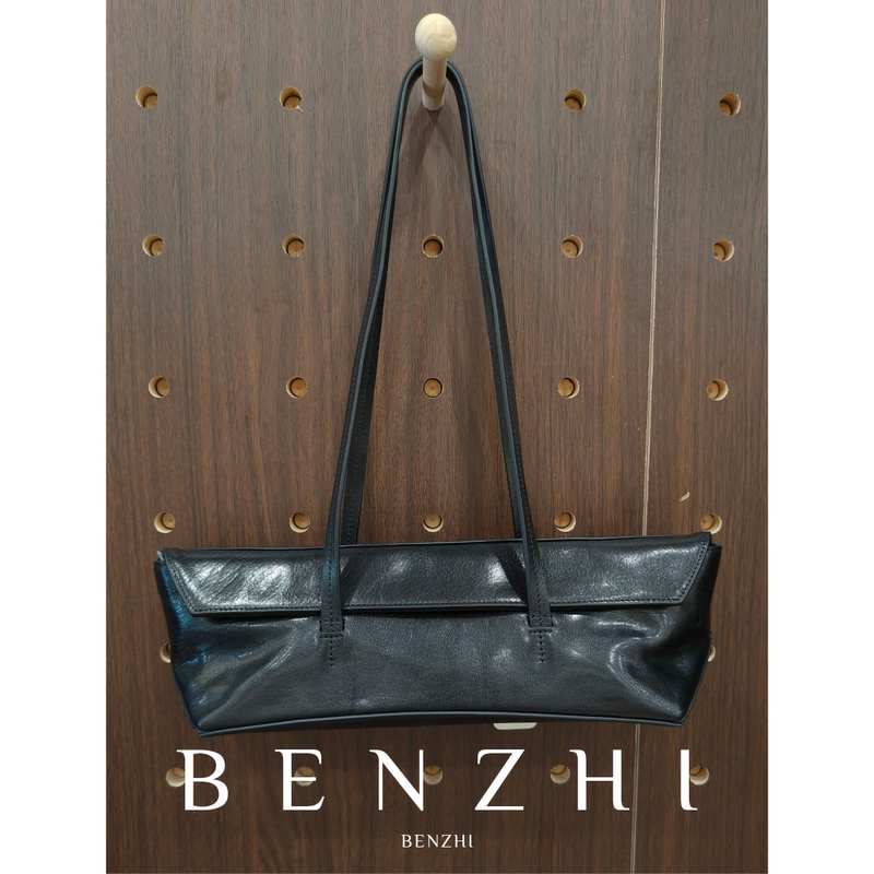 Benzhi Top-Layer Cowhide Black Leather Tote Shoulder Bag for Women 2026 New Large-Capacity Underarm Commuter Work Handbag