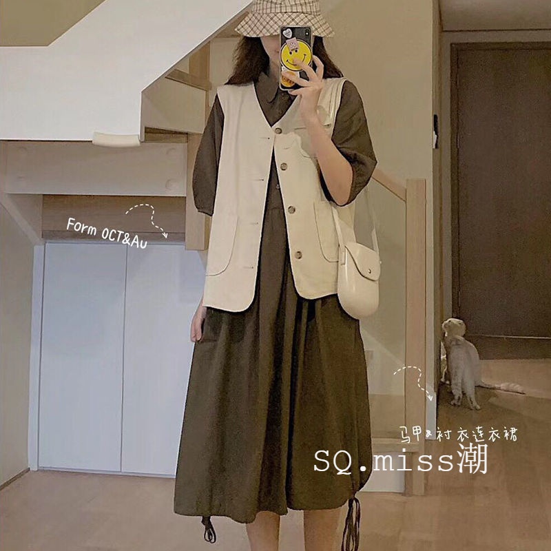 Single Size Fat Sister Set Women's Spring/Summer 2021 Korean Edition ins Loose Horse Clip + Shirt Dress Two-Piece Set