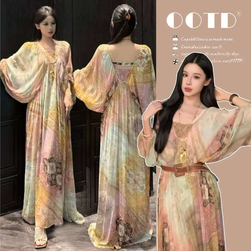 Maternity Dress Summer New Style 2026 Bohemian Batwing Sleeve Tie-Dye Flared Holiday Style Long Dress for Pregnant Moms Maternity Dress Summer New Style 2026 Bohemian Batwing Sleeve Tie-Dye Flared Holiday Style Long Dress for Pregnant Moms