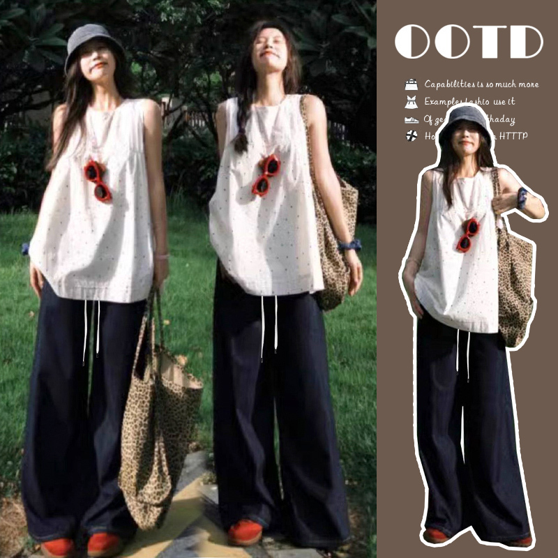 Maternity Summer Outfit 2026 New Polka Dot Sleeveless Babydoll Top and Wide-Leg Pants Stylish Two-Piece Maternity Set